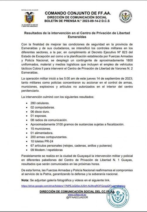 FUERZAS ARMADAS Y POLICÍA INFORMAN SOBRE DECOMISO EN SU INTERVENCIÓN EN LA CÁRCEL DE ESMERALDAS