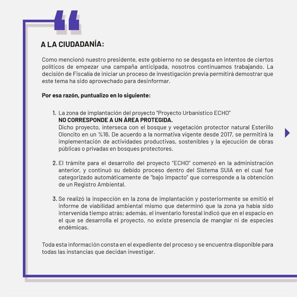 EL MINISTERIO DEL AMBIENTE MANIFIESTA QUE EL PROYECTO INMOBILIARIO NO SE ENCUENTRA DENTRO DEL ÁREA PROTEGIDA