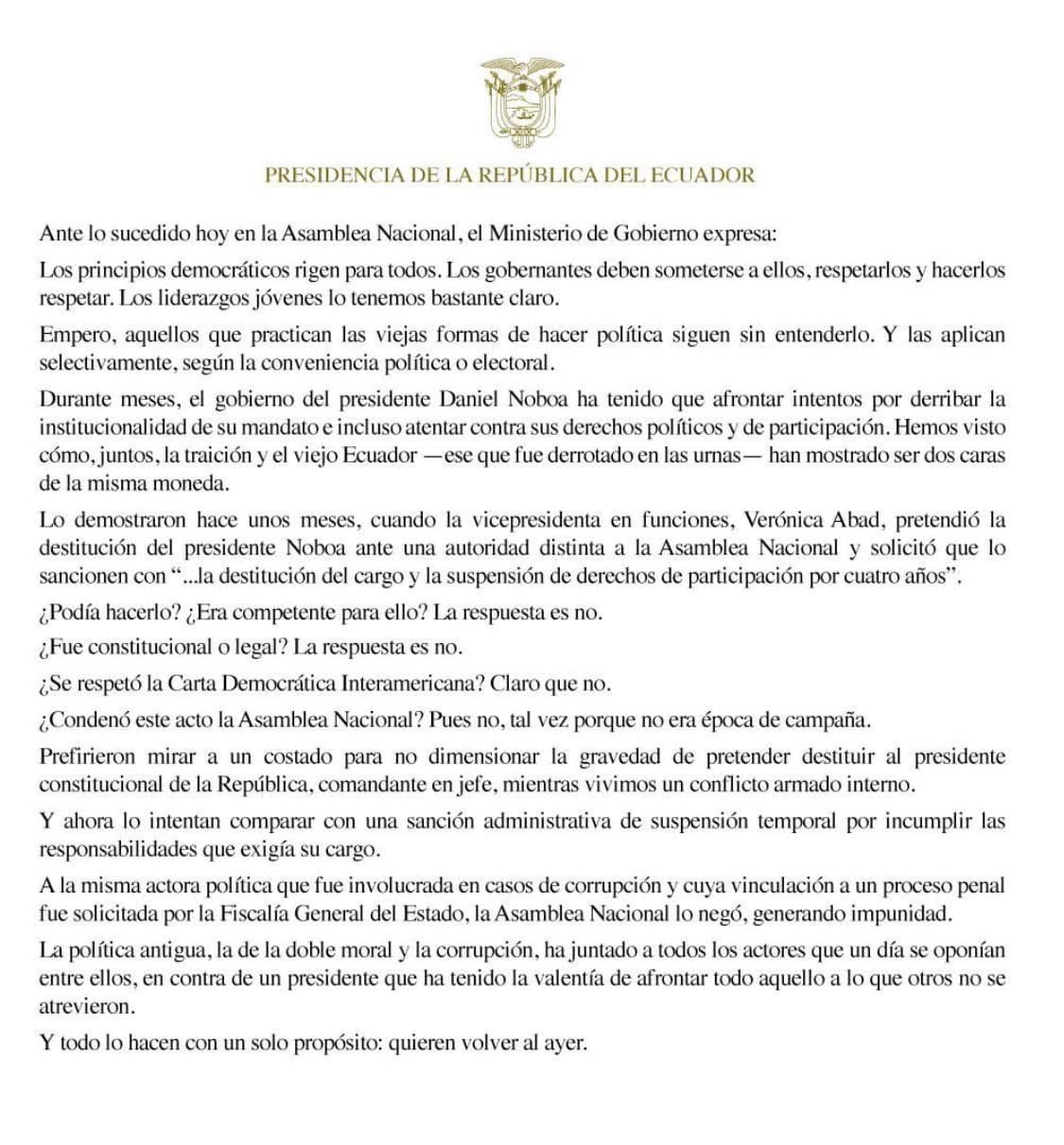 GOBIERNO DE NOBOA SE PRONUNCIA A LA RESOLUCIÓN DE LA ASAMBLEA NACIONAL QUE RECHAZÓ SANCIÓN A ADMINISTRATIVA A LA VICEPRESIDENTE ABAD.-