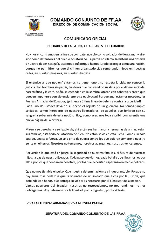FUERZAS ARMADAS EN UN COMUNICADO MOTIVA A SUS TROPAS A SEGUIR LUCHANDO EN CONTRA DEL CRIMEN ORGANIZADO.-