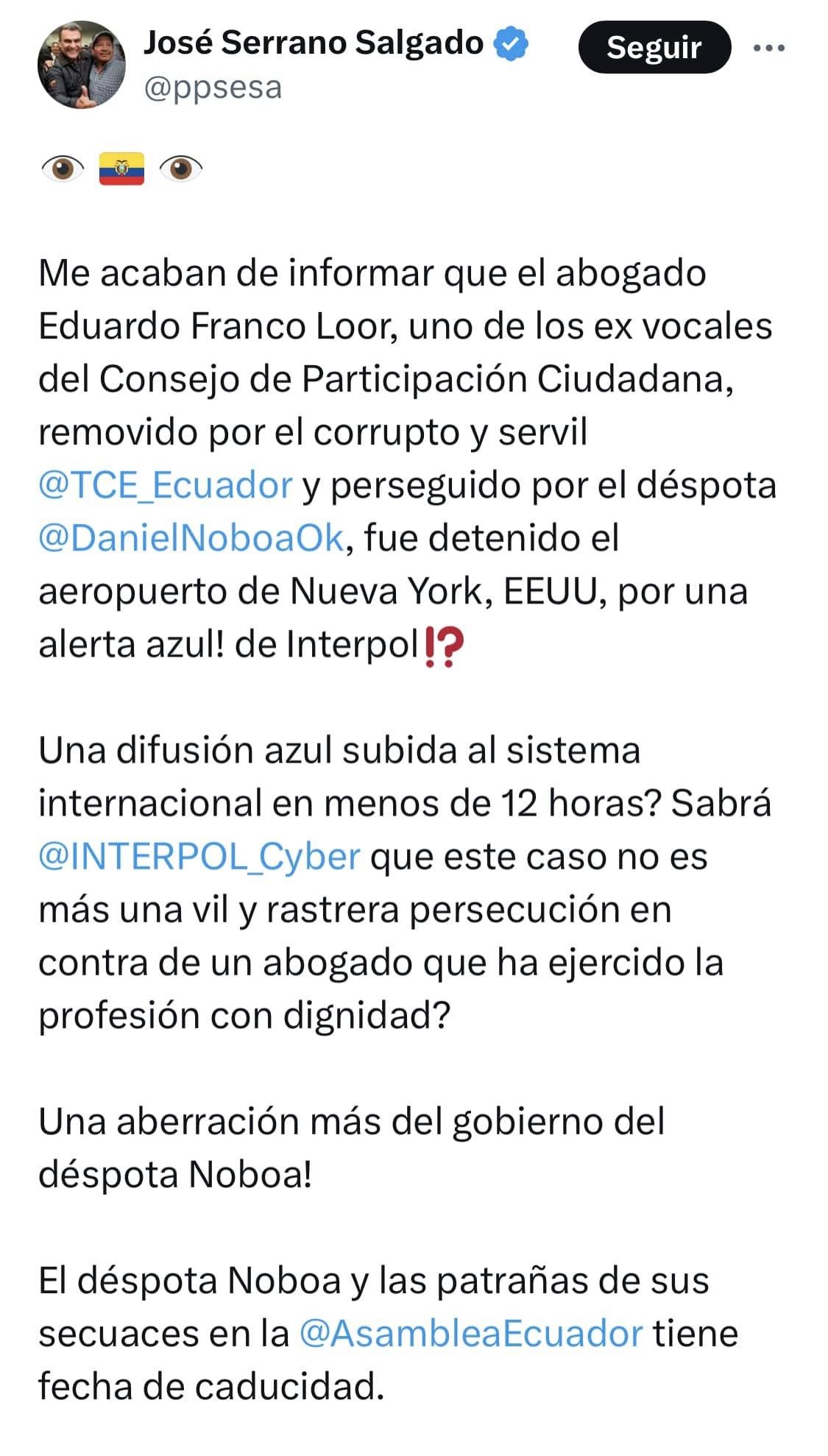 EXCONSEJERO DE LA LLAMADA LIGA AZUL, EDUARDO FRANCO LOOR, HABRÍA SIDO DETENIDO EN ESTADOS UNIDOS, SEGÚN JOSÉ SERRANO