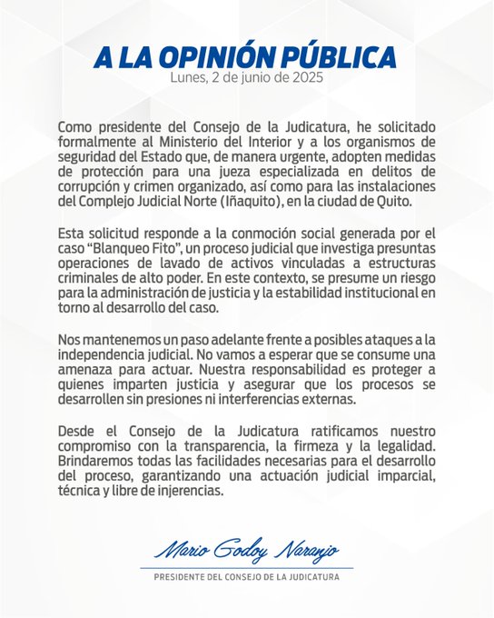EL PRESIDENTE DE LA JUDICATURA SOLICITA AL MINISTERIO DEL INTERIOR, PROTECCIÓN URGENTE PARA LA JUEZA QUE ORDENÓ LA DETENCIÓN DE LA FAMILIA DE ALIAS "FITO".-