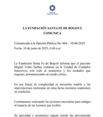 NUEVO PARTE MÉDICO DEL ESTADO DEL SENADOR MIGUEL URIBE TURBAY, DICE QUE ES CRÍTICO.-