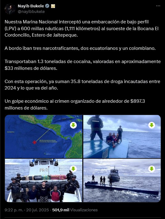 EN EL SALVADOR LA MARINA DETIENE A 2 ECUATORIANOS QUE TRANSPORTABAN 1,3 TONELADAS DE COCAÍNA, INFORMA EL PRESIDENTE BUKELE.-