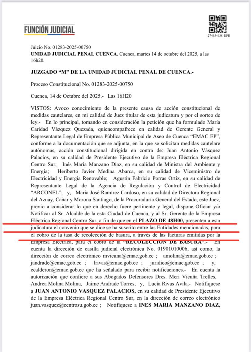 SOBRE MEDIDA CAUTELAR SOLICITADA POR LA EMAC EP, EL JUEZ MANIFESTÓ LO SIGUIENTE: