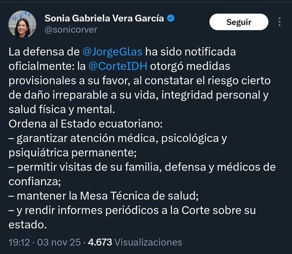 DERECHOS HUMANOS DISPUSO MEDIDAS CAUTELARES PARA JORGE GLAS, PARA PROTEGER SU SALUD FÍSICA Y MENTAL