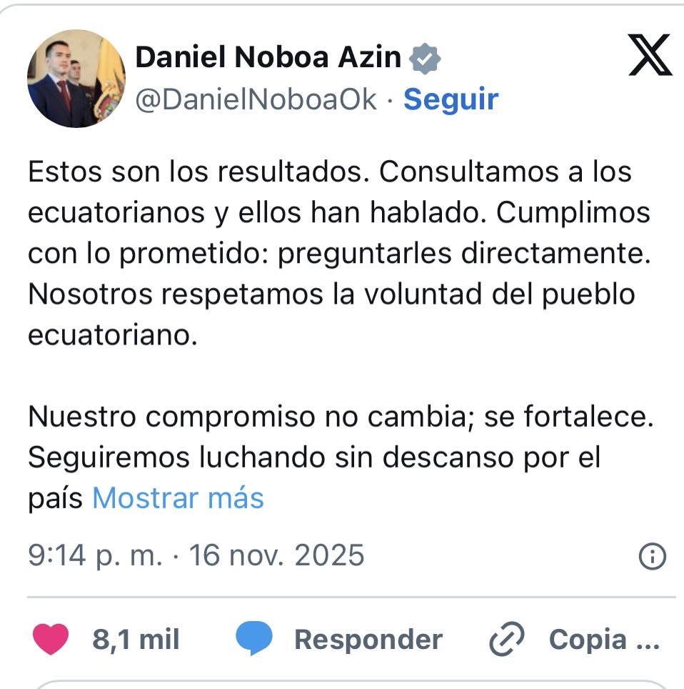 PRESIDENTE DANIEL NOBOA RECONOCE EL RESULTADO DE LA CONSULTA.-